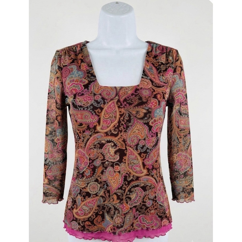 Sigrid Olsen Sport Petite M Paisley Mesh Top 3/4 Sleeve Lettuce Edge Boho Y2K